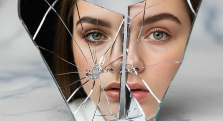 Close-up of a woman's face reflected in two pieces of a shattered mirror, creating a fragmented and emotional portrait. Soft lighting highlights the delicate features and the broken glass.の素材