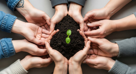 Multiple hands cradle soil with a tiny seedling, symbolizing teamwork, growth, and environmental care. The image conveys hope and the importance of collective effort.の素材