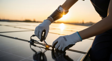 A technician wearing protective gloves connects wires on a solar panel array during sunset, showcasing renewable energy installation and sustainable technology.の素材