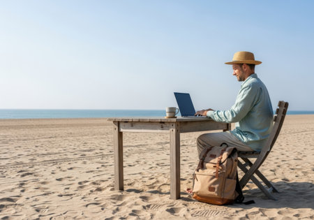Man in hat works on laptop at a wooden desk on a sunny beach. A backpack sits nearby, with the ocean and clear sky in the background.の素材
