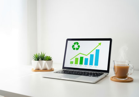 Laptop displaying a green recycling symbol and upward trending graph, symbolizing eco-friendly business growth, next to a potted plant and a steaming cup of coffee on a white desk.の素材