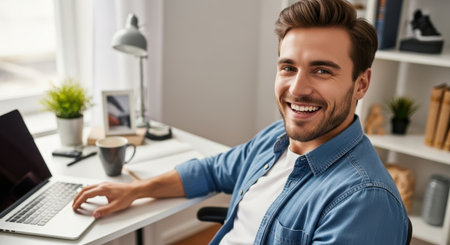 A smiling man in a denim shirt works on a laptop at a bright desk. A coffee mug, plant, and lamp are nearby, creating a cozy, productive workspace.の素材