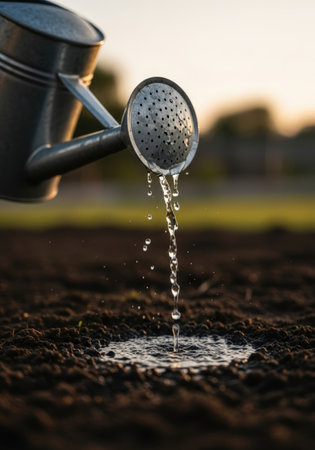 Close-up of a watering can sprinkling water onto dark soil, creating a small puddle. Golden hour lighting enhances the scene, emphasizing growth and nature's cycle.の素材