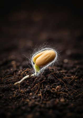 A macro shot captures a bean sprout emerging from dark soil, surrounded by a luminous, ethereal aura. The image symbolizes new beginnings, growth, and the vitality of nature.の素材