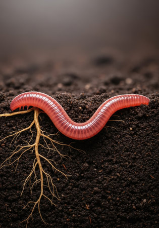 A detailed macro shot of an earthworm resting on dark soil, intertwined with plant roots. The image highlights the symbiotic relationship in the natural environment.の素材
