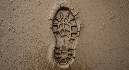 A single, deep footprint is imprinted in thick, wet mud. The textured surface shows the tread pattern of a boot, suggesting outdoor activity and challenging terrain.の素材