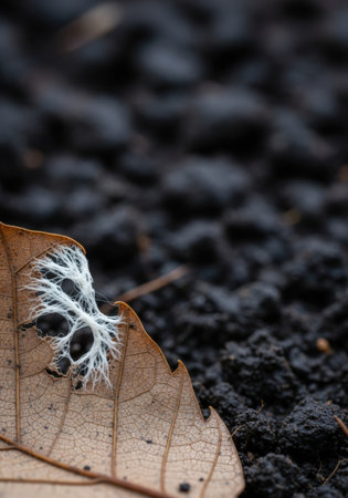 Close-up of a decaying brown leaf with white fungal growth, set against a dark, blurred soil background. Macro shot highlighting the decomposition process in nature.の素材