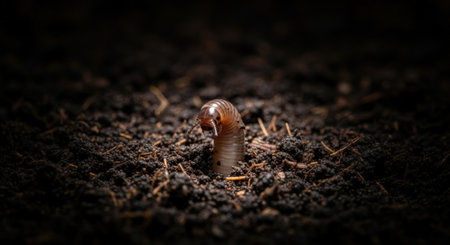 A macro shot captures an earthworm, Lumbricus terrestris, emerging from dark soil. The worm's segmented body is highlighted against the earthy background.の素材
