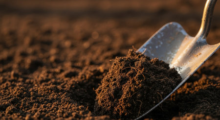 A close-up shot captures a shovel scooping up rich, dark soil, highlighting the texture and fertility of the earth. Warm lighting enhances the details.の素材
