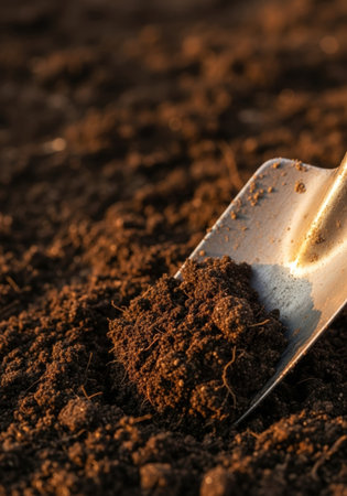 Close-up of dark, fertile soil piled on a shovel, bathed in warm golden light, suggesting gardening preparation or planting during the golden hour.の素材