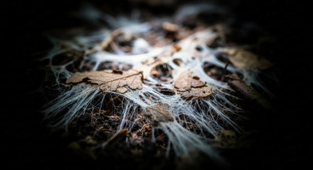 A close-up captures the intricate network of mycelium, its delicate white strands interlacing with decaying leaves and dark soil, illuminated by soft light in a forest setting.の素材