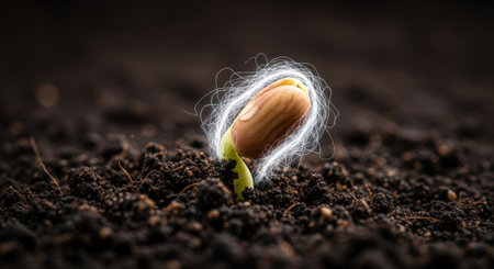 A bean sprout emerges from dark, fertile soil, surrounded by a glowing, energetic aura, symbolizing growth, potential, and the vibrant power of new life.の素材