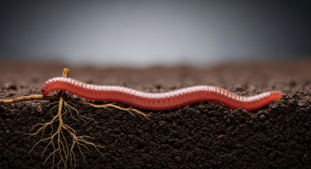 A detailed close-up of a pink earthworm crawling across dark soil and plant roots. The image showcases the worm's segmented body and the texture of the soil.の素材