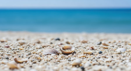 A tranquil beach scene featuring seashells nestled among pebbles, with a blurred azure ocean providing a calming backdrop. The soft light enhances the peaceful, summery atmosphere.の素材