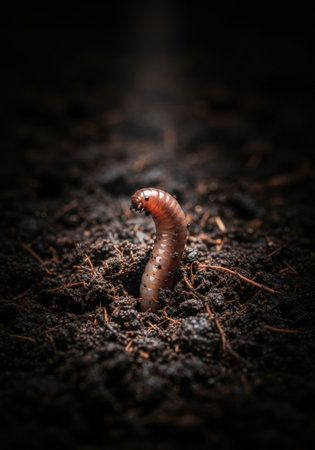 A close-up of an earthworm emerging from dark, rich soil, illuminated by soft light. The worm's segmented body and the texture of the soil are clearly visible.の素材
