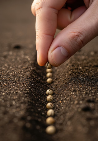 A hand carefully places seeds in a straight line on dark soil, symbolizing new beginnings, growth, and the meticulous process of agriculture. Close-up, shallow depth of field.の素材