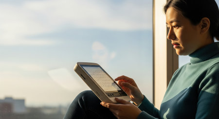 An Asian woman sits by a window, bathed in soft light, thoughtfully using a tablet. The scene evokes a sense of calm and focus, highlighting modern technology in daily life.の素材