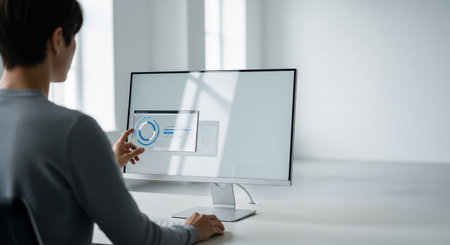 Man interacts with a computer screen displaying a user interface with blue circular elements, in a bright, minimalist office setting. Focus on technology, interaction, and modern design.の素材
