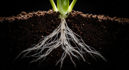 Close-up of a plant's root system extending into dark soil, illuminated against a black background, showcasing the intricate network of roots.の素材