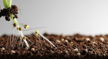 Close-up of a seedling's roots in soil, highlighting nutrient absorption with glowing droplets. Focus on plant health, growth, and the vital role of roots.の素材