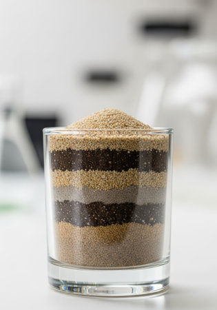 A clear glass filled with alternating layers of light and dark sand, creating a visually appealing striped pattern. The composition highlights texture and color contrast.の素材