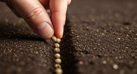Close-up of a hand carefully placing seeds in a row of dark, fertile soil. The image captures the precision and care involved in planting for successful cultivation.の素材