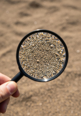 A hand holds a magnifying glass over sand, revealing the intricate details of individual grains. The focus highlights the texture and composition of the sand.の素材