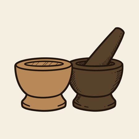 Two mortars, one light brown and one dark brown with a pestle inside, kitchen tools for grinding herbs and spices.のイラスト素材
