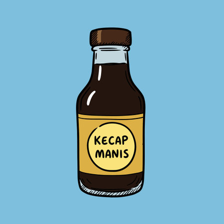 Cartoon illustration of a Kecap Manis bottle, filled with dark liquid, featuring a brown cap and a yellow label with black text.のイラスト素材