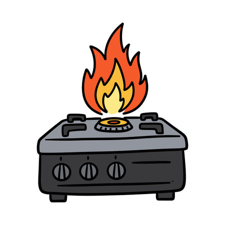 Cartoon illustration of a gray gas stove with three knobs and a vibrant orange and yellow flame burning on the burner.のイラスト素材