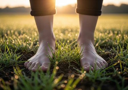 Bare feet stand on dewy grass at sunrise, bathed in golden light. The low angle and bokeh create a dreamy, peaceful atmosphere, connecting with nature.の素材