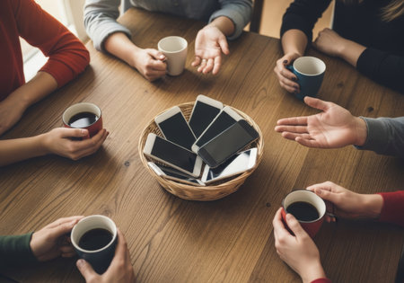 Group of friends enjoying coffee, phones in a basket, on a wooden table. Concept of digital detox, disconnecting, and spending quality time together.の素材