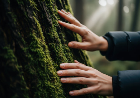 Close-up of hands gently touching moss-covered tree bark in a misty forest. The soft light and texture create a serene, nature-focused scene.の素材