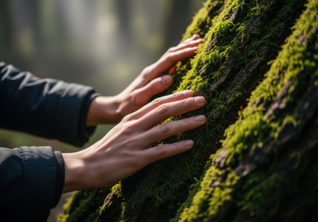 Close-up of hands gently touching a tree covered in vibrant green moss, bathed in soft sunlight, evoking nature connection and environmental awareness.の素材
