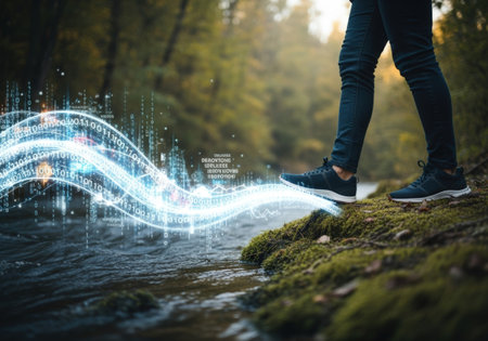 Person in jeans and sneakers walks by a stream, overlaid with digital data streams. Concept of technology, nature, and the digital age.の素材