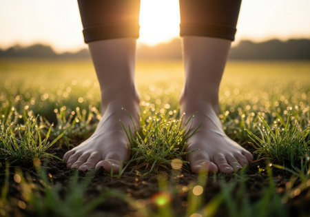 Bare feet stand on dew-covered grass at sunrise, bathed in golden light. The close-up shot captures the serenity of nature and the feeling of grounding.の素材