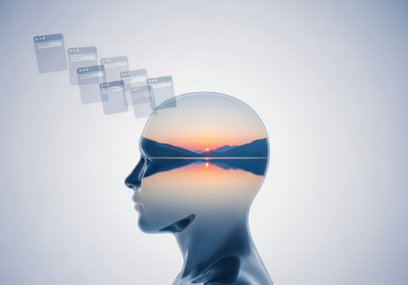 Conceptual art featuring a blue human profile filled with a sunset lake scene, symbolizing inner peace. Floating windows suggest thoughts or digital information processing.の素材