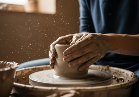 Close-up of potter's hands shaping clay on a spinning wheel, illuminated by soft studio lighting. The image captures the artistry and skill involved in pottery making.の素材