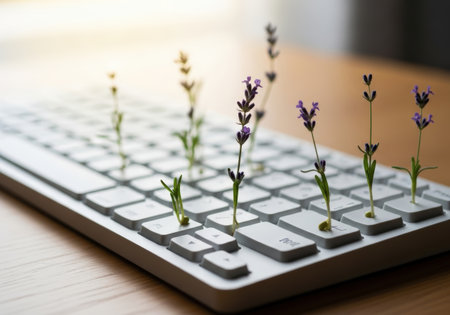 Lavender plants sprout from the keys of a white computer keyboard, symbolizing growth, nature, and the intersection of technology and the environment. Soft, diffused lighting enhances the serene mood.の素材
