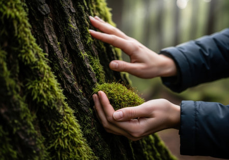 Close-up of hands gently touching moss on a tree trunk in a forest. The soft, natural light highlights the texture and color of the moss.の素材