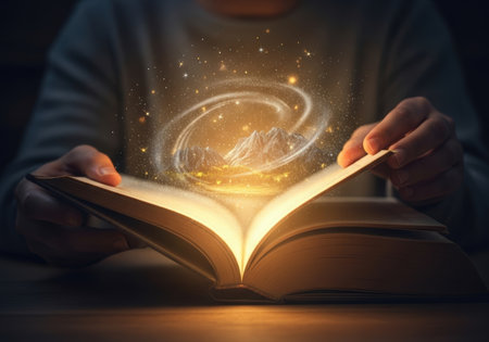 A person opens a book, revealing a magical landscape with mountains, swirling lights, and sparkling stars, creating a sense of wonder and adventure.の素材