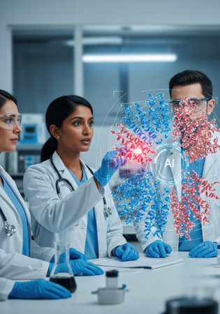 Three scientists in lab coats and gloves collaborate, using AI to analyze a complex molecular structure, illuminated in red and blue, signifying advanced medical research.の素材