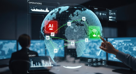 A hand interacts with a holographic Earth interface, highlighting AI control and global network connections in a high-tech control room, emphasizing data analysis and operations.の素材