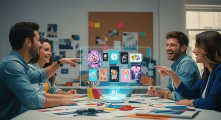 A diverse team of four laughs while reviewing AI-generated art on a holographic display. The modern office setting includes design tools and a collaborative atmosphere.の素材