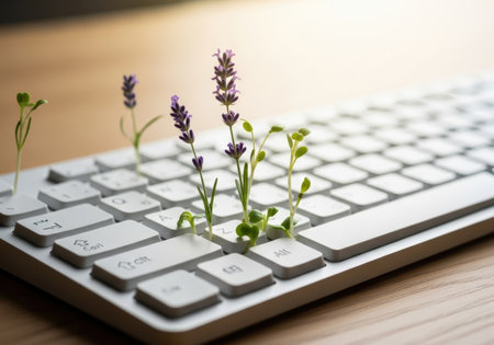 Lavender flowers and green sprouts emerge from the keys of a white computer keyboard, symbolizing nature's resilience and the blending of technology with the natural world.の素材