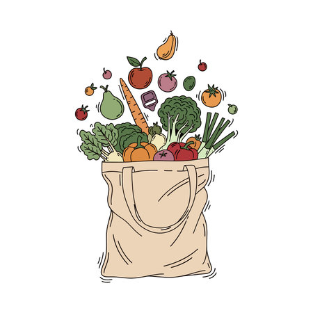 A beige tote bag filled with fresh produce, including apples, pears, tomatoes, broccoli, carrots, peppers, and other colorful vegetables and fruits.のイラスト素材