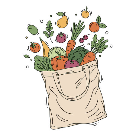 A beige tote bag filled with colorful vegetables and fruits, including carrots, tomatoes, broccoli, and peppers, with some items floating above.のイラスト素材