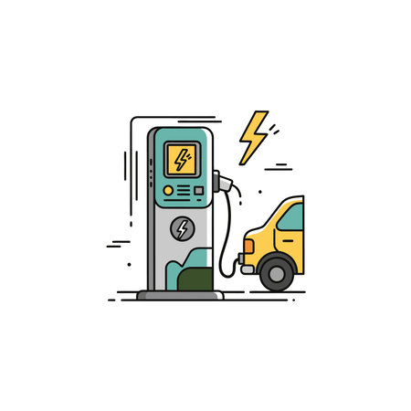 Electric car charging at a station with a lightning bolt symbol, featuring a yellow vehicle and charging cable.のイラスト素材