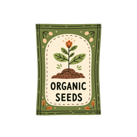 A stylized illustration of an organic seeds packet, featuring a sprout growing from soil, with a green and beige color scheme.のイラスト素材