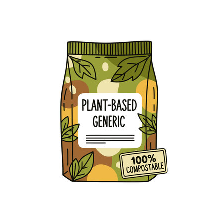 A hand-drawn style bag with a leaf pattern and rounded shapes, labeled Plant-Based Generic and 100%...